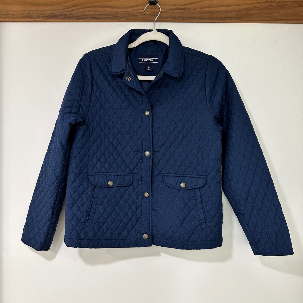 Lands End Quilted Barn Jacket Kids XL 16 Navy Blue Snap Front | Preppy Classic